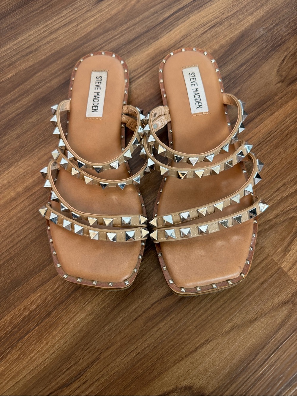 Steve Madden Tan Multi-Stud Three-Strap Slide Sandals